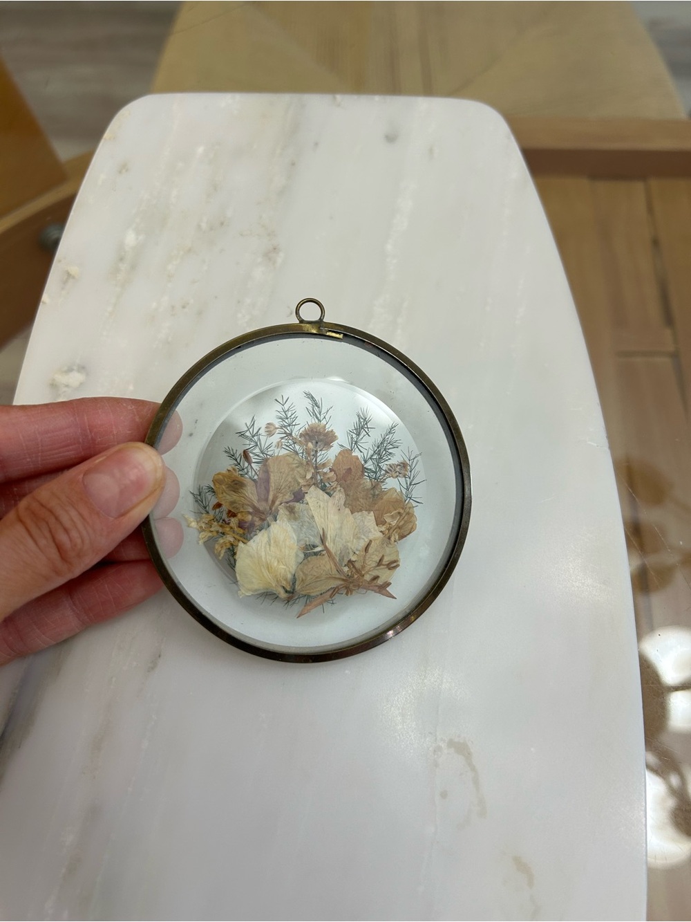Vintage Pressed Flower Glass Ornament in Antique Brass